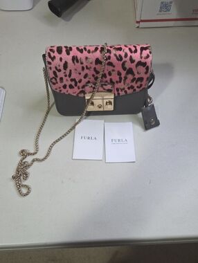 Furla Metropolis Pink Leopard Flap Gray Leather Crossbody with Gold Chain